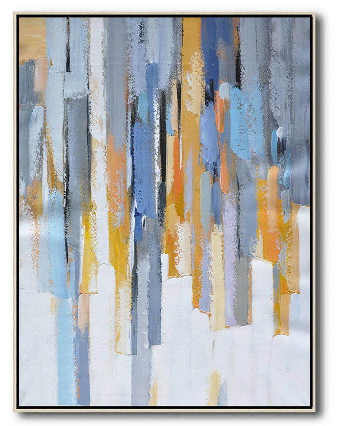 Vertical Palette Knife Contemporary Art,Large Living Room Wall Decor,Purple,Yellow,White,Grey